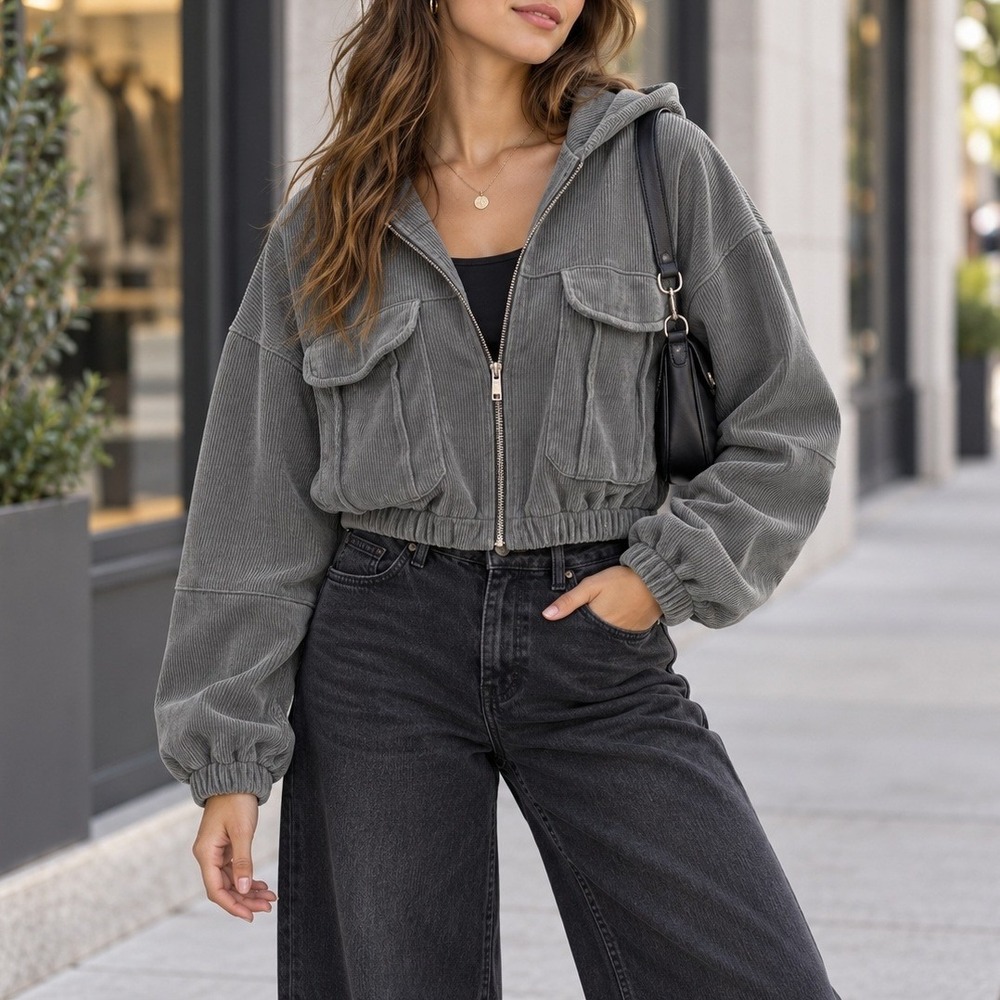 Reserve Fairfax Olive Green Corduroy Cropped Utility Hooded Jacket XS Y2K